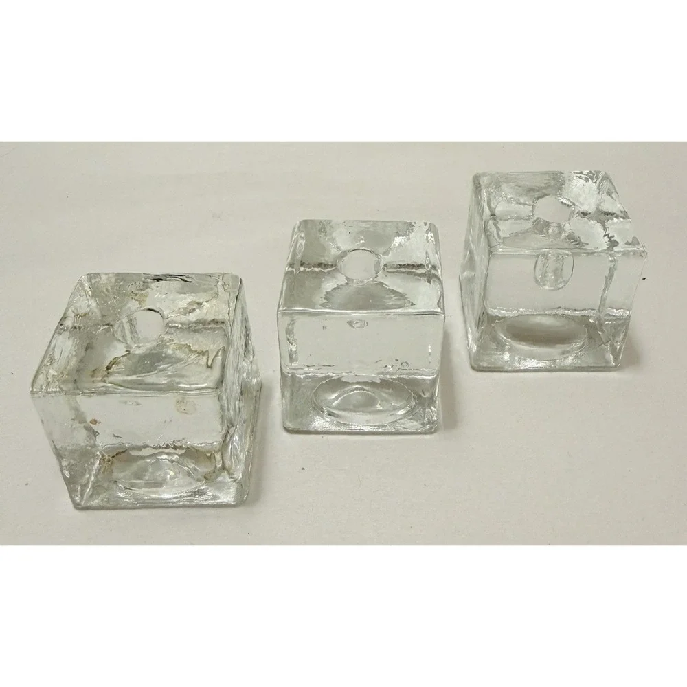 Art Glass VTG Cube Candle Holder Taper Mini Beeswax Candles MCM 3PC Set Findland